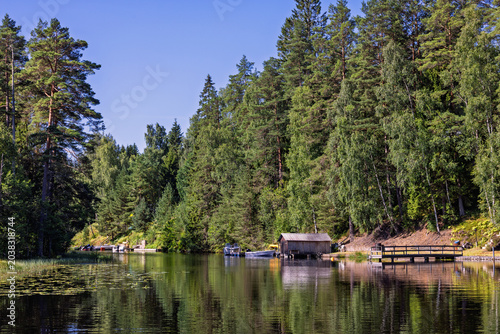 Foto River with jetties and boathouse in a forest a sunny summer day
