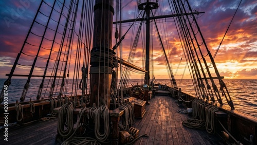 Atmospheric background of an empty tall ship deck looking toward the ocean horizon at sunrise, framed by nautical ropes and dramatic clouds for an epic adventure concept