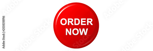 Red button with white order now text on isolated transparent background for business or shopping