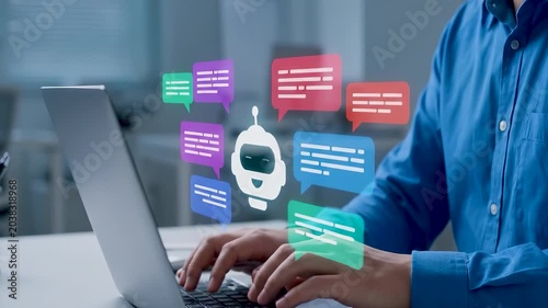 Man typing on laptop computer with holographic AI chatbot and colorful message bubbles. Concept of artificial intelligence customer support agent, communication system, and automated service.