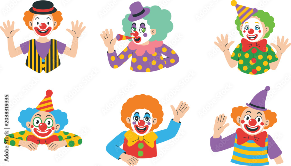 Obraz premium Funny clown character collection vector illustration for circus entertainment birthday party and carnival celebration concepts