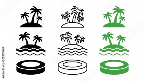 Minimal tropical island icons in black, outline, and green styles representing leisure, travel, branding, and creative design versatility.
