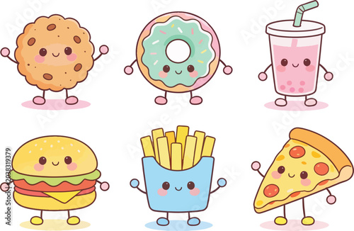Kawaii Food Characters Cute Cookie Burger Pizza Fries Drink