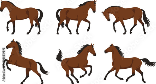 Fotografie Running horse collection vector illustration featuring brown stallions in dynami