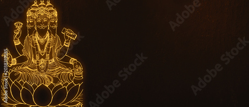 Photos Golden Glowing Line Art of Lord Brahma Hindu Deity on Dark Textured Background B