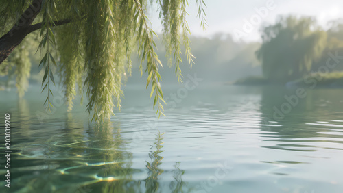 Gentle willow by calm lake