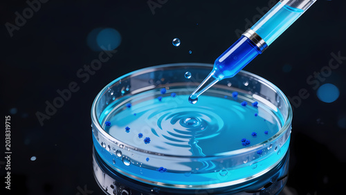 Blue liquid in petri dish on black background
