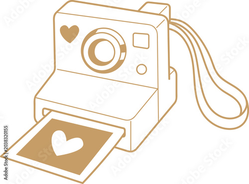 Instant Camera with Heart Photo: A vintage-style instant camera, rendered in a charming outline style, is shown with a developed photo featuring a prominent heart motif emerging from its slot.