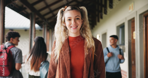 Obraz na płótnie Student, girl or happy in campus portrait for education degree, semester start or study scholarship