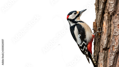 Tableau sur toile Wild woodpecker bird sitting on tree trunk forest wildlife on transparent backgr