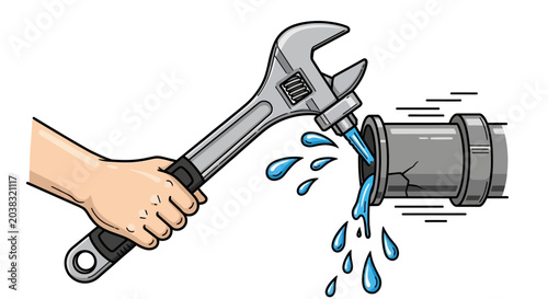Konstfotografi Hand holding adjustable wrench fixing pipe.