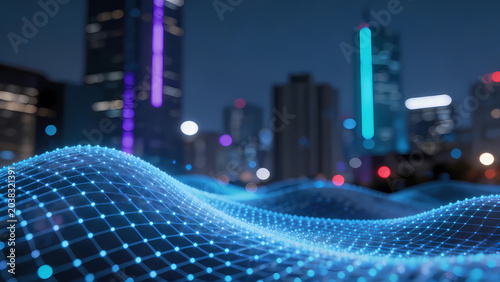 Blue glowing wave particles over city skyline