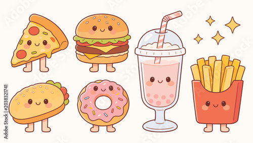 Kawaii Food Characters Vector Illustration Set