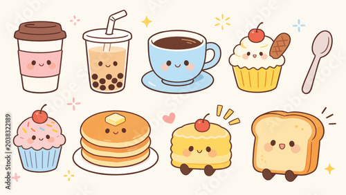 Kawaii Food Clipart Cute Breakfast and Drinks Illustration