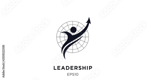 Leadership logo with abstract human figure and upward arrow on a globe background.