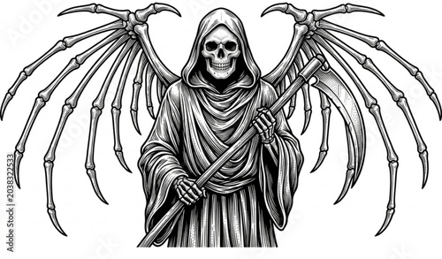 Obraz na płótnie Grim Reaper with hooded cloak and skeletal wings black vector illustration isola