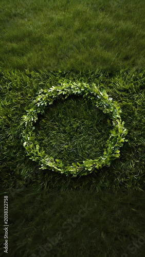Green leaf wreath on grass