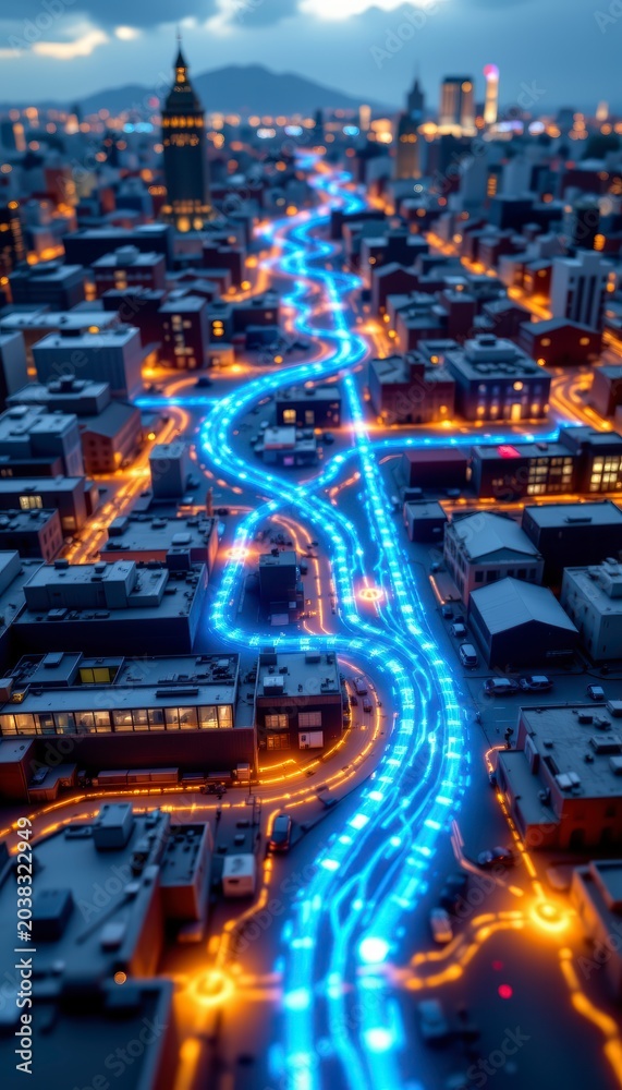 Fototapeta premium Futuristic Cityscape Dusk with Neonlit Roadways