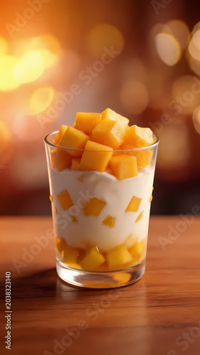 Creamy mango dessert with warm bokeh background