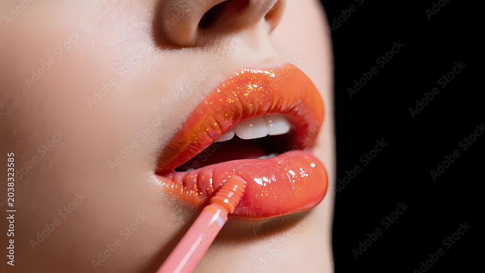 Naklejka premium Close-up of red lips on black background