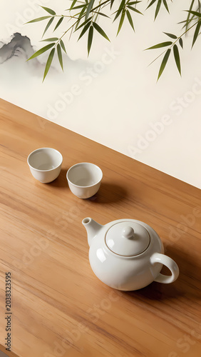 Minimalist white ceramic tea set with bamboo