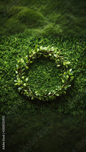 Green leaf wreath on mossy ground