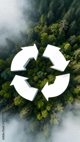 Recycling symbol over misty green forest