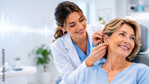 Portrait of smiling female doctor fitting hearing aid for senior patient in clinic
