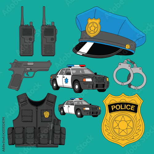 Security And Police Tools Vector Illustration Set With Badge Handgun Radio Tactical Vest And Emergency Patrol Car