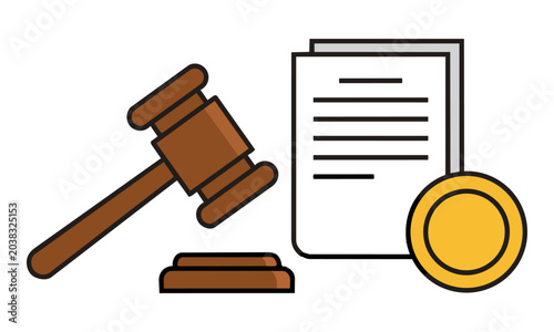 Judge gavel with legal document and coin representing justice and financial law, isolated on white background, legal and financial justice concept