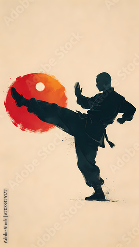 Black silhouette martial artist kicking red energy wave