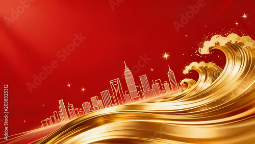 Golden wave over red city skyline