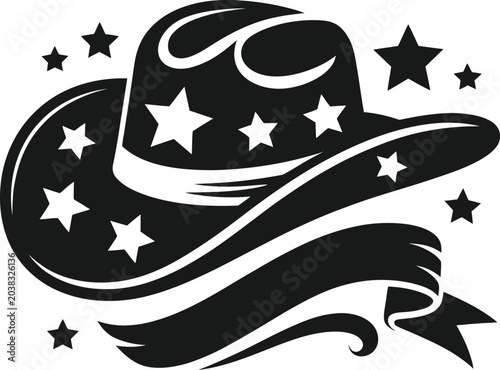Black and white cowboy hat icon with stars and ribbon