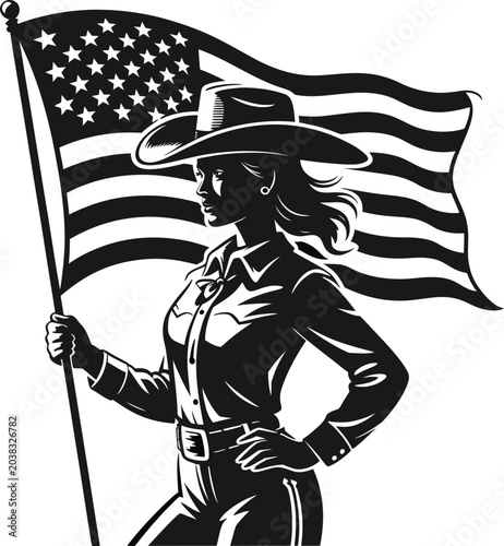 Black and white illustration of a cowgirl holding an american flag