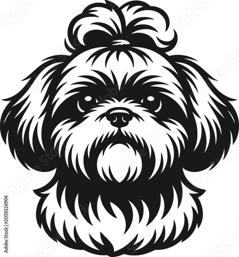 Fotografía Black and white vector illustration of a shih tzu dog head with a top knot hairs
