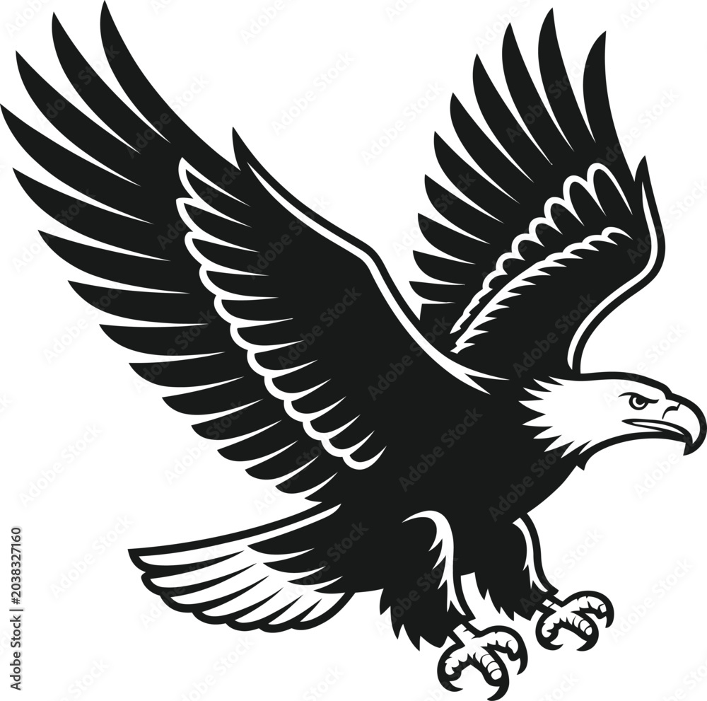 Obraz premium A powerful bald eagle in flight, depicted as a bold black and white vector illustration