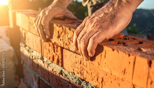 Close up of a construction worker laying red bricks with mortar.