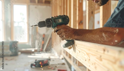 Construction worker using a cordless power drill on a wooden frame.