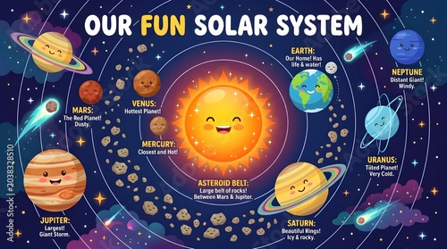 Fun Solar System Cartoon Infographic With Smiling Planets Theme.
