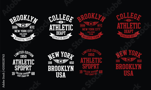 College athletic typography logo vector set with vintage Brooklyn sports emblems for t shirt
