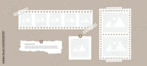 Vintage scrapbook collage template with film strips, photo frames, and paper textures. Perfect for memory albums, storytelling layouts, creative presentations, and retro photo collections.