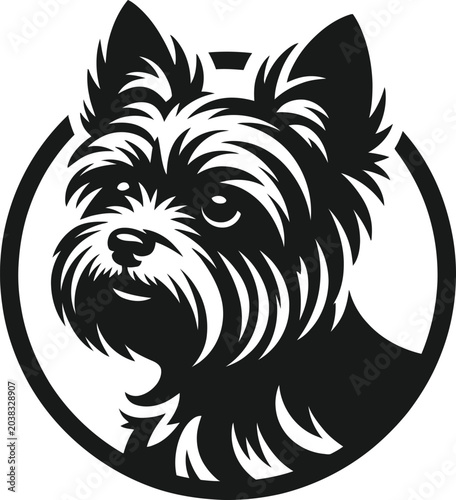 Stylized black and white vector illustration of a yorkshire terrier dog head portrait inside a circular frame
