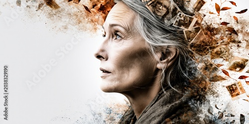 Senior woman's memories fragmenting and fading, old photographs disintegrating, symbolizing alzheimer's and cognitive decline