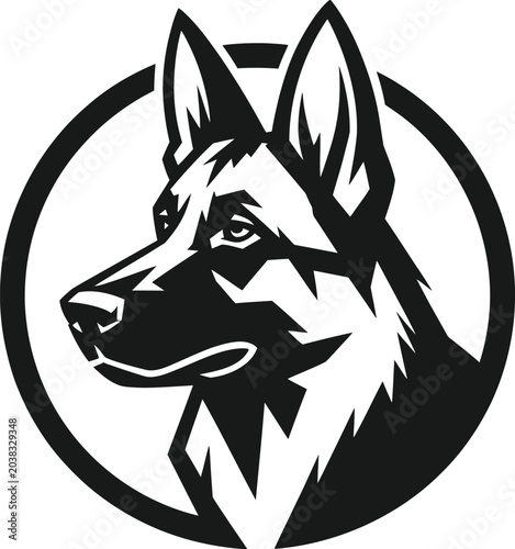 German shepherd dog head logo icon, stylized vector illustration of a canine profile in a circular frame