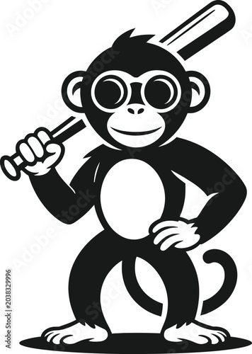 Photography A black and white vector illustration of a cartoon monkey holding a baseball bat