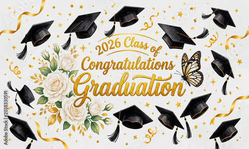 2026 graduation celebration banner with caps flowers and butterfly