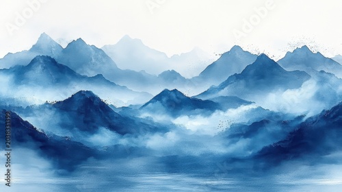 Misty Blue Mountain Range Landscape With Foggy Valleys And White Sky