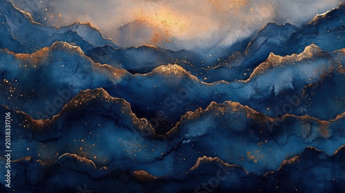 Abstract Blue And Gold Watercolor Texture Background With Glittering Sparkles And Waves