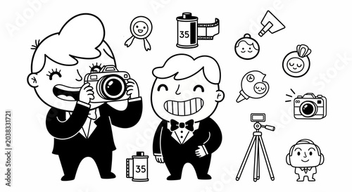 Cute Cartoon Photographers and Photography Equipment Icons Vector Set