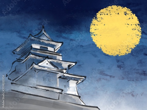 夜空に輝く満月と日本の城　背景イラスト